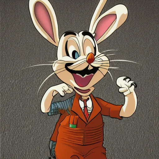 Image similar to A extremely highly detailed majestic hi-res beautiful, highly detailed portrait of a scary terrifying creepy cartoon rabbit standing up wearing pants and a shirt in the style of Walt Disney animation, high textures, hyper sharp, 8k, insanely detailed and intricate