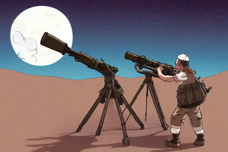 Prompt: a study of a cell shaded cartoon pope firing a bazooka on a desert road in front of a big moon, full body, wide shot, very muted colors, post grunge, studio ghibli, laurie greasley, highly detailed, deviantart, art by artgem