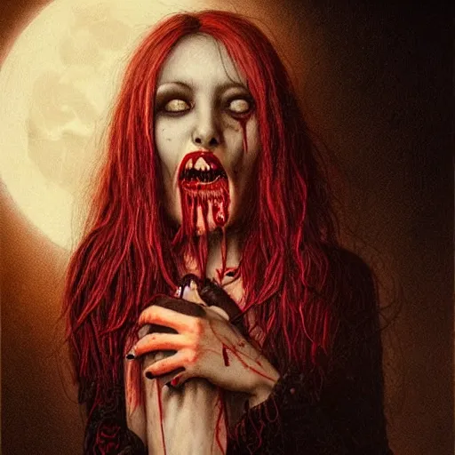 Image similar to a hyperrealistic portrait painting of a beautiful female vampire, blood dripping from her mouth, standing in the moonlight, by santiago caruso, highly detailed,