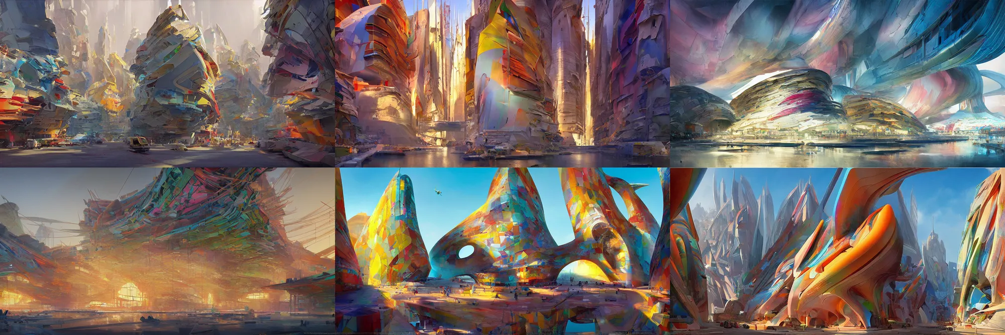 Prompt: City of Pristine Colors, colorful, iridescent colors, architecture by Zaha Hadid, painted by Eytan Zana