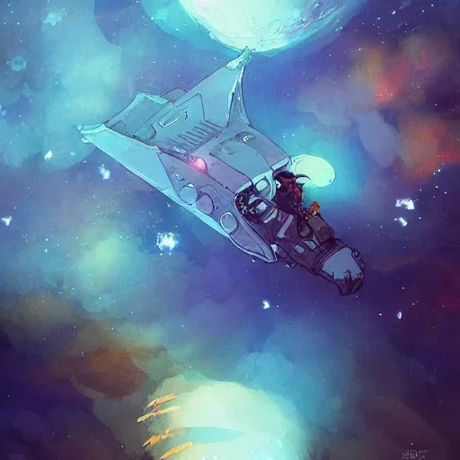 Prompt: a spaceship flying away from a supernova, fantasy, digital art, illustration, vibrant watercolor, warm fantasy lighting, wenjun lin, studio ghibli, pixiv, reflections, refractions, film grain