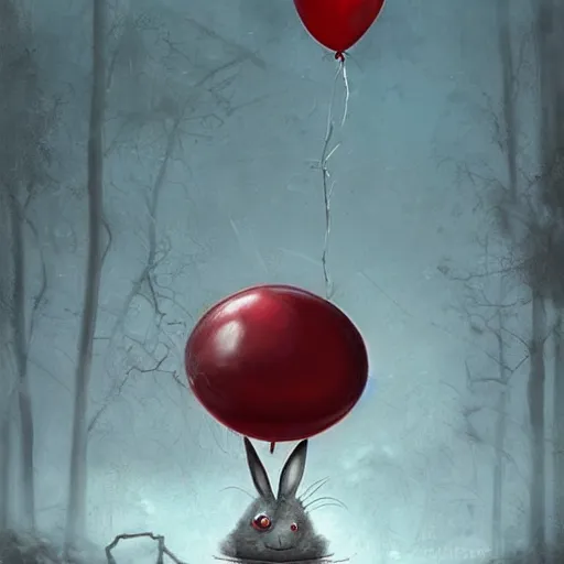 Image similar to grunge cartoon landscape portrait painting of a cartoon bunny and a red balloon by - michal karcz, loony toons style, pennywise style, horror theme, detailed, elegant, intricate