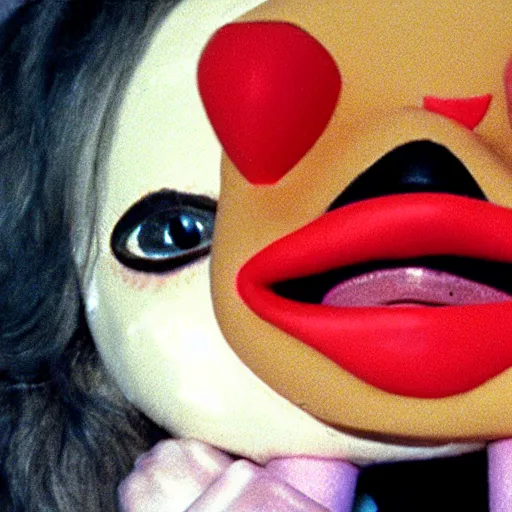 Prompt: !dream a woman wearing an inflatable mouth and holding a a hand puppet, technicolor, john waters, almodovar, expired color film, 1975