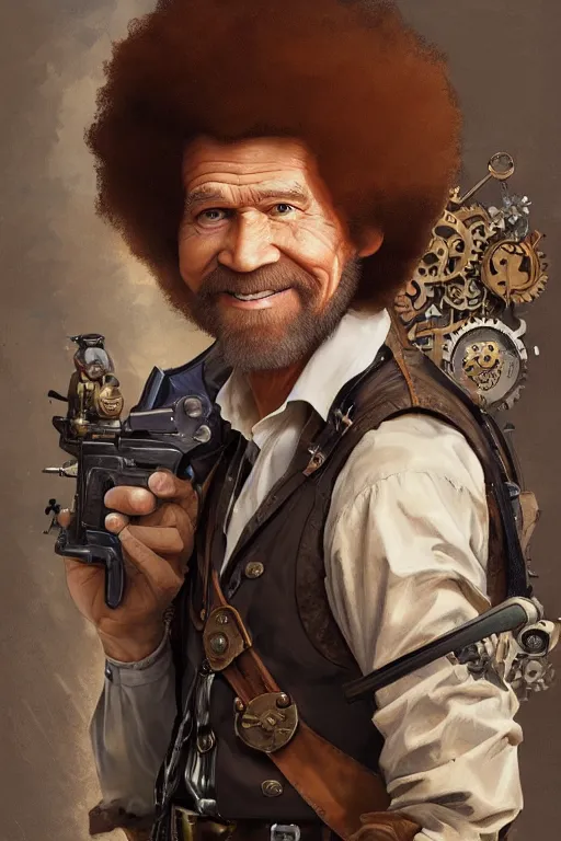 Prompt: bob ross as a steampunk cyborg gunslinger, portrait, western, duster, fantasy, intricate, elegant, highly detailed, digital painting, artstation, concept art, sharp focus, illustration, art by artgerm and greg rutkowski and alphonse mucha