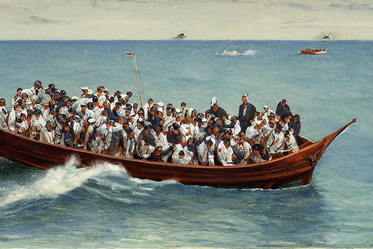 Image similar to whaling boat filled with nfl football players in helmets and pads, american school, whaling painting, robert wyland