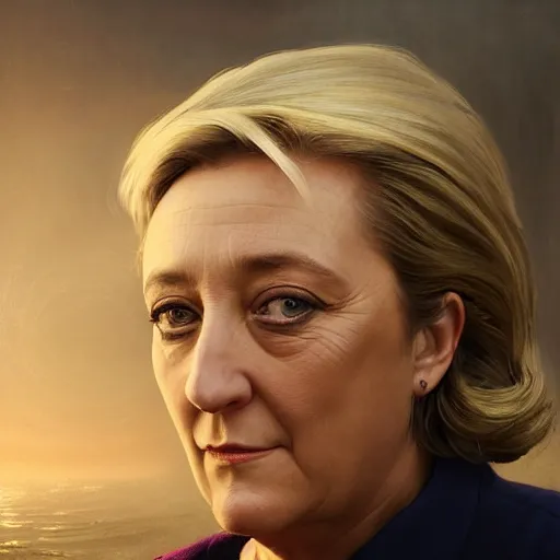 Image similar to Portrait of Marine le Pen as emperor of France , amazing splashscreen artwork, splash art, head slightly tilted, natural light, elegant, intricate, fantasy, atmospheric lighting, cinematic, matte painting, by Greg rutkowski