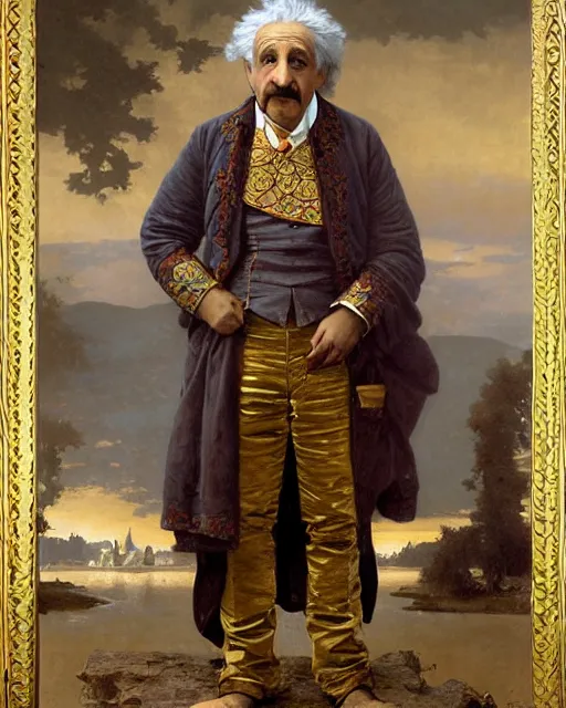 Prompt: brilliant albert einstein, dressed in ornate, detailed, intricate golden armor, surrounded by mathematical equations, detailed oil painting by william adolphe bouguereau