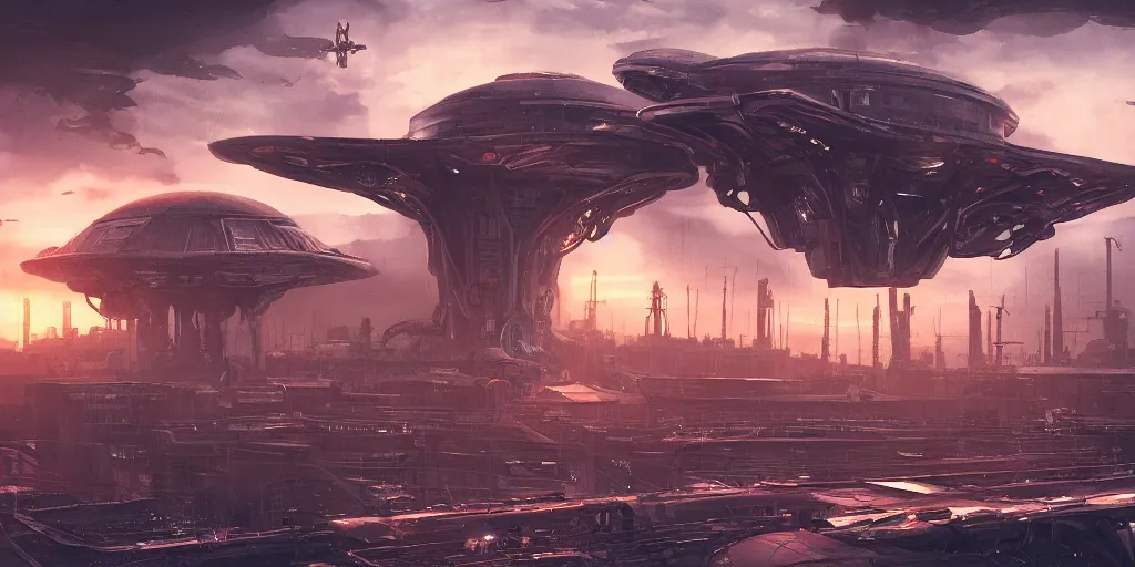 Image similar to alien spacecraft hovering over busy space port surrounded by alien robots, steel archways, industrial buildings, rusty metal towers, sun setting, ross tran, fantasy, james jean, cinematic lighting, digital painting, octane render