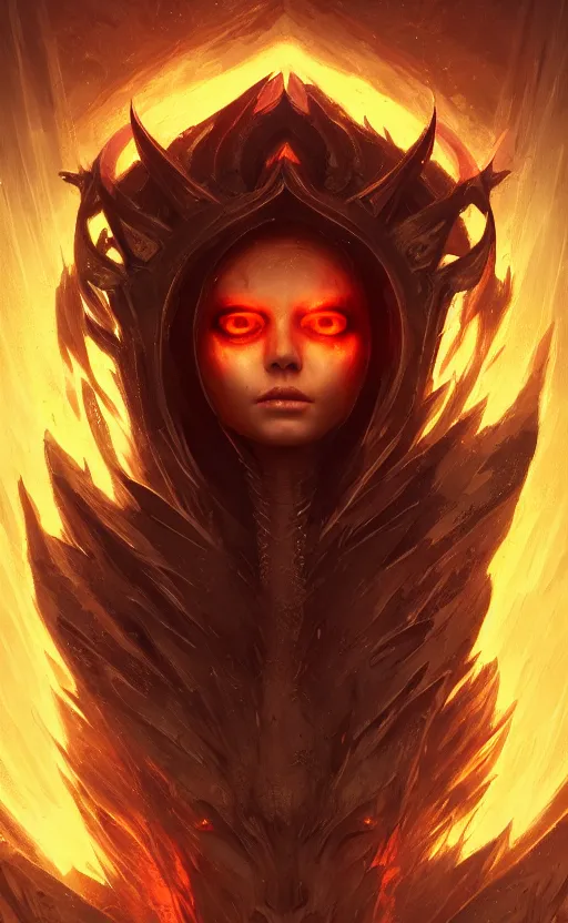 Image similar to female archfiend at the fiery pits of hell, flawless symmetrical pretty cute face, greg rutkowski, 8 k, shallow depth of field, intricate detail, concept art,