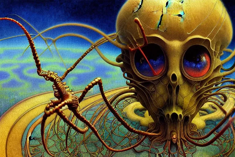 Image similar to realistic extremely detailed portrait closeup painting of a ghost kid playing with giant spider, futuristic sci-fi landscape on background by Jean Delville, Amano, Yves Tanguy, Alphonse Mucha, Ernst Haeckel, Edward Robert Hughes, Roger Dean, rich moody colours, blue eyes