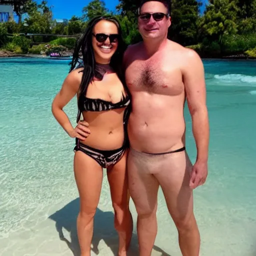 Image similar to photo of a 4 0 year old man that looks young for his age dating a very attractive 2 2 year old woman wearing a bikini. his wife is visibly upset in the background. lol