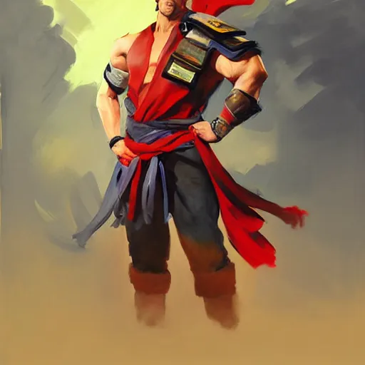 Image similar to Greg Manchess portrait painting of Ken Masters as Overwatch character, medium shot, asymmetrical, profile picture, Organic Painting, sunny day, Matte Painting, bold shapes, hard edges, street art, trending on artstation, by Huang Guangjian and Gil Elvgren and Sachin Teng