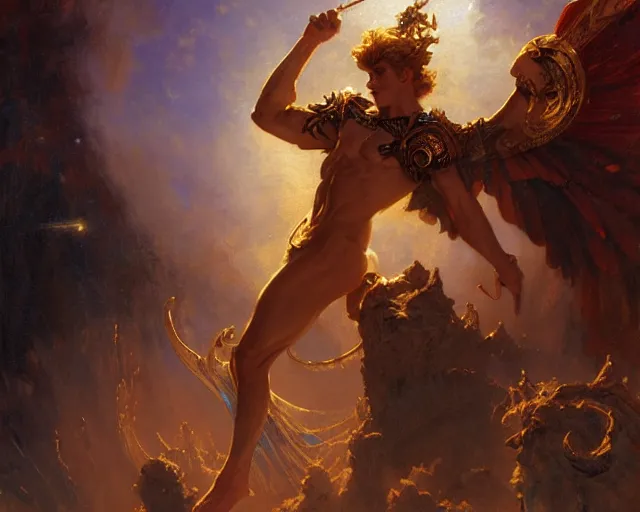 Image similar to attractive heroic male deity, casts magic, summoning handsome heroic lucifer morning star. highly detailed painting by gaston bussiere, craig mullins, j. c. leyendecker 8 k