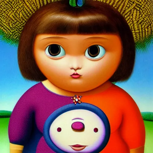 Prompt: portrait of real girl dora the explorer painted by fernando botero and mark ryden, lowbrow pop surrealism