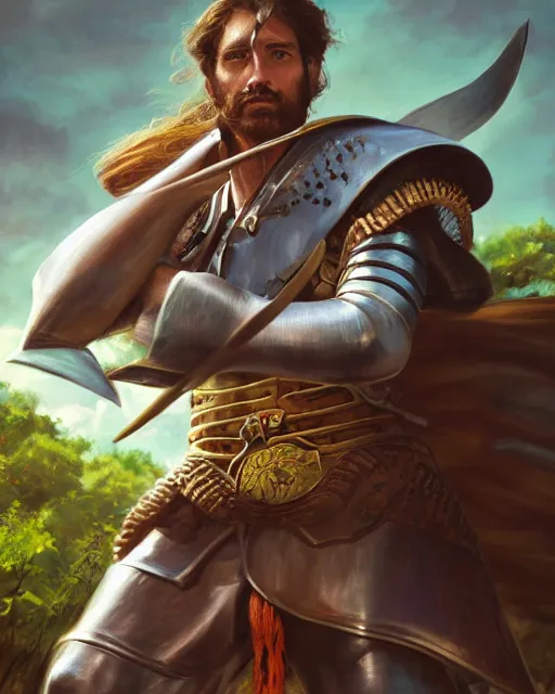 Image similar to ultrarealistic portrait of a spanish conquistador in battle, by daniel zrom and mingchen shen, studio ghibli color scheme, detailed, handsome, anatomy, sharp focus, photography, magic : the gathering, octane, cinematic lighting, facial features, jungle, clear face, golden ratio, tarot card