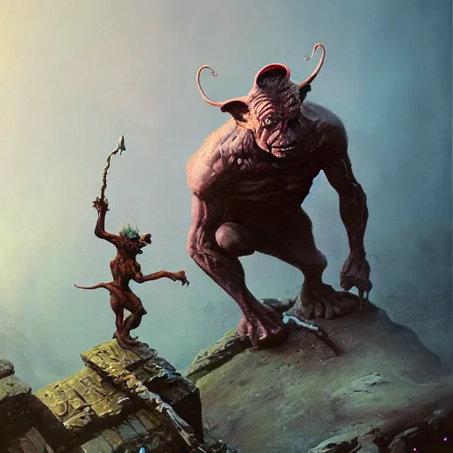 Prompt: beautiful realistic fantasy painting of a goblin with metal hurlant, by pascal blanche and Frazetta and Beksinski, volumetric lighting, trending on art station, polarizer filter