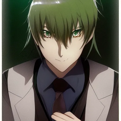 Image similar to full body portrait character concept art, anime key visual of decadent green long straight hair young anime male in black suit, green long straight hair and brown eyes, finely detailed perfect face studio lighting delicate features directed gaze, gapmoe kuudere grimdark, trending on pixiv fanbox, painted by greg rutkowski makoto shinkai takashi takeuchi studio ghibli