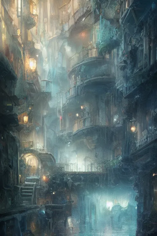 Image similar to inside the antique street of atlantis the city of water, waterfall, intricate, elegant, volumetric lighting, digital painting, highly detailed, artstation, sharp focus, illustration, concept art, ruan jia, steve mccurry