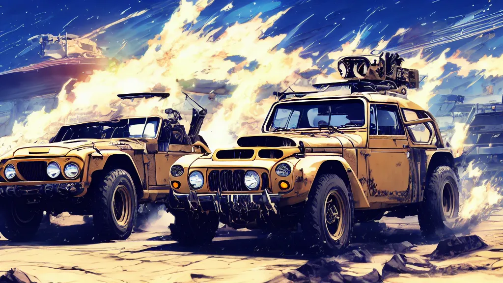 Image similar to anime illustration of mad max's fj 4 0 pursuit special, the last v 8 interceptor driving down to the gates of valhalla highway, riding fury road eternal shiny and chrome, world of fire and blood, by makoto shinkai, ilya kuvshinov, lois van baarle, rossdraws, basquiat, global illumination ray tracing hdr