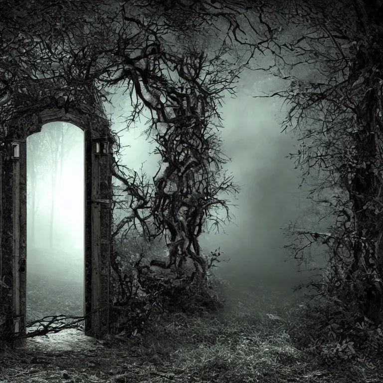 Prompt: Secret lit iron door portal in dark eerie mysterious forest landscape photography 4k