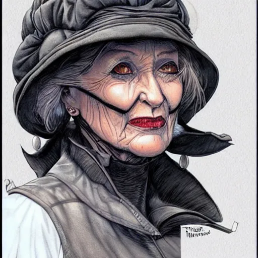 Prompt: a beautiful portrait of a futuristic old woman Travis Charest style