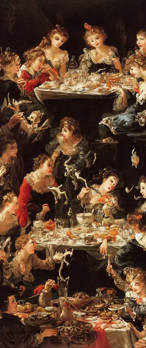 Prompt: vampires at a feasting dinner table with bones on plates super dreamy scary beautiful oil painting in the style of francois boucher