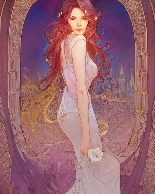 Image similar to secret romance, highly detailed, very intricate, art nouveau, gold filigree, romantic storybook fantasy, soft cinematic lighting, award - winning, disney concept art watercolor illustration by mandy jurgens and alphonse mucha and alena aenami, pastel color palette, featured on artstation