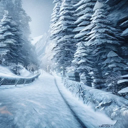 Image similar to a snow dragon on a path in a snowy montain. modern ultra realistic graphics and ray - tracing, atmosphere, depth of field, full of color, trending on artstation, ultra high detail, ultra realistic, cinematic, focused, 8 k