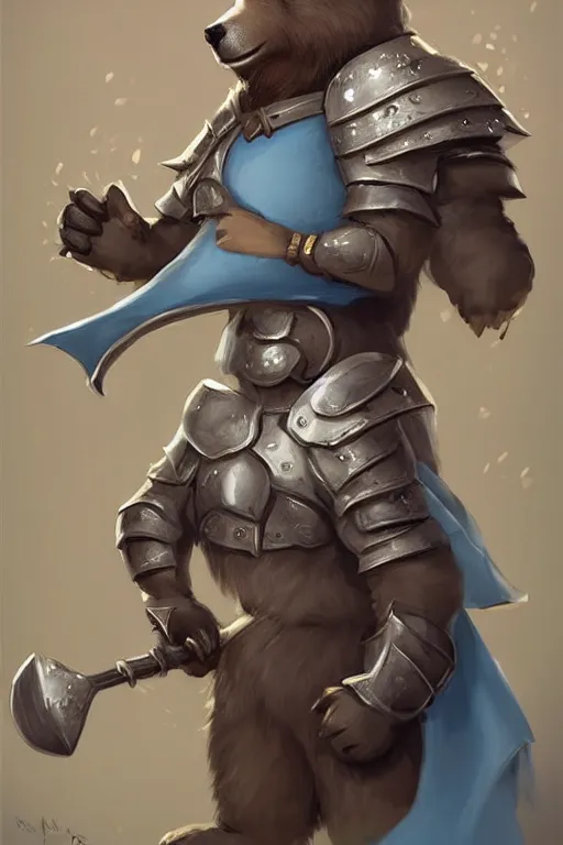 Image similar to cute little anthropomorphic bear knight wearing a cape and a crown, tiny, small, miniature bear, baby animal, short, pale blue armor, cute and adorable, pretty, beautiful, DnD character art portrait, matte fantasy painting, DeviantArt Artstation, by Jason Felix by Steve Argyle by Tyler Jacobson by Peter Mohrbacher, cinematic lighting