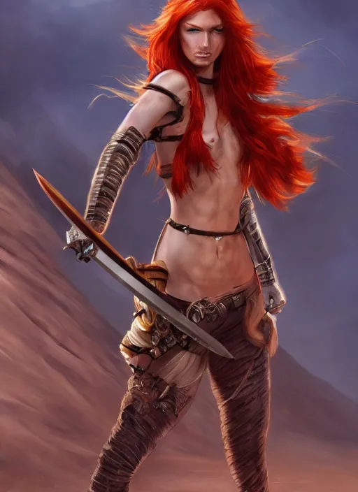 Image similar to Redhead female fighter with katana in desert, fantasy, medieval, vivid colors, fantasy, elegant, concept art, sharp focus, beautiful face, digital art, Hyper-realistic, 4K, Unreal Engine, Highly Detailed, HD, Dramatic Lighting by Brom, trending on Artstation