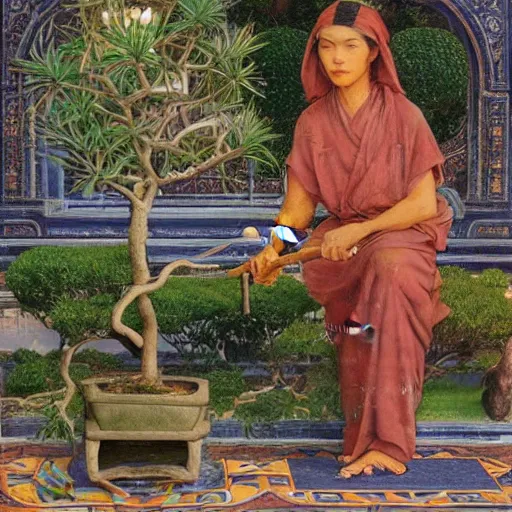 Image similar to Old African gardener cutting bonsai trees, gray hair, idyllic Garden, by Annie Swynnerton and Nicholas Roerich and jean delville, glowing paper lanterns, strong dramatic cinematic lighting , ornate tiled architecture, lost civilizations, smooth, sharp focus, extremely detailed