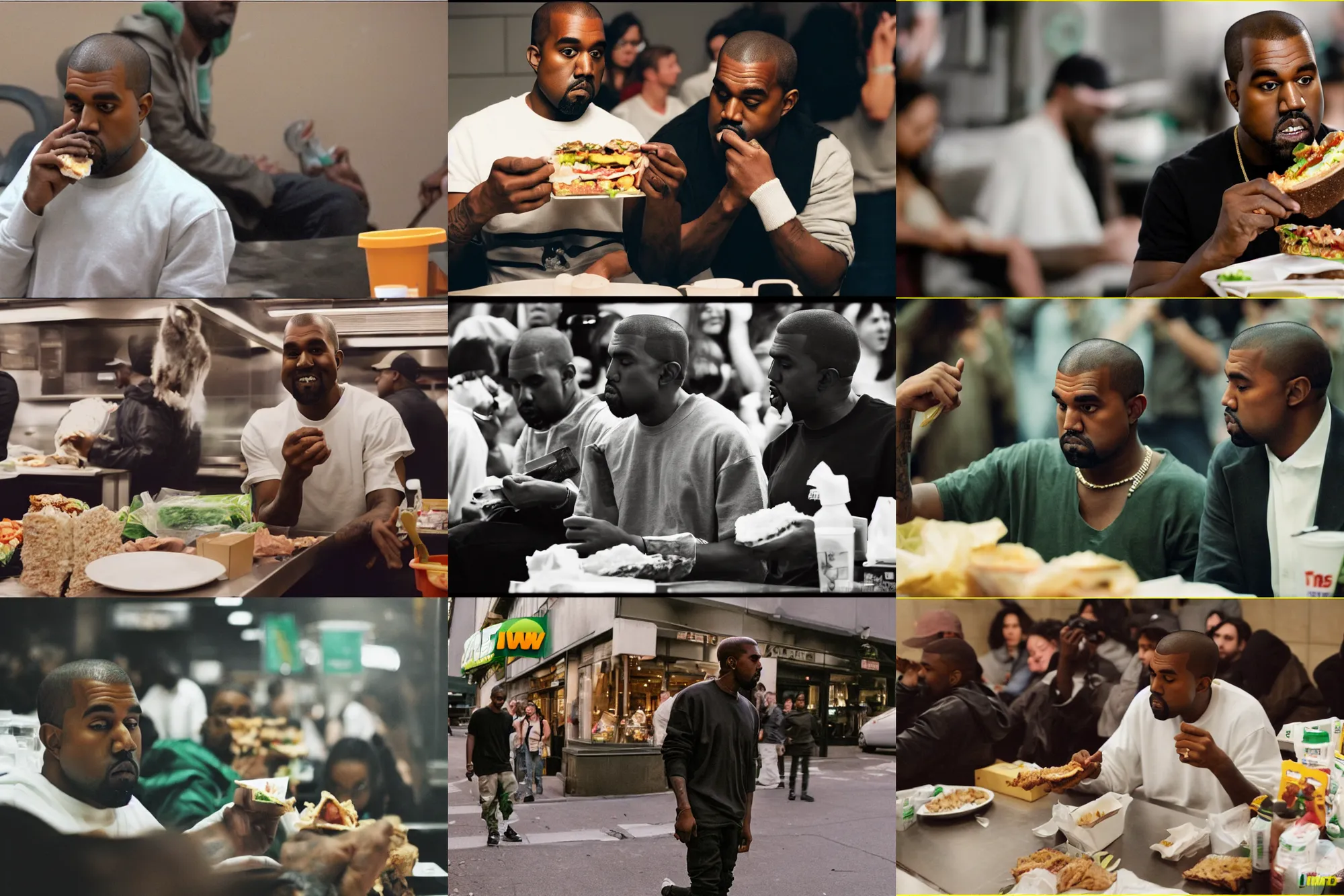 Prompt: kanye west eating subway. commercial. dof. trending photo 3 5 mm