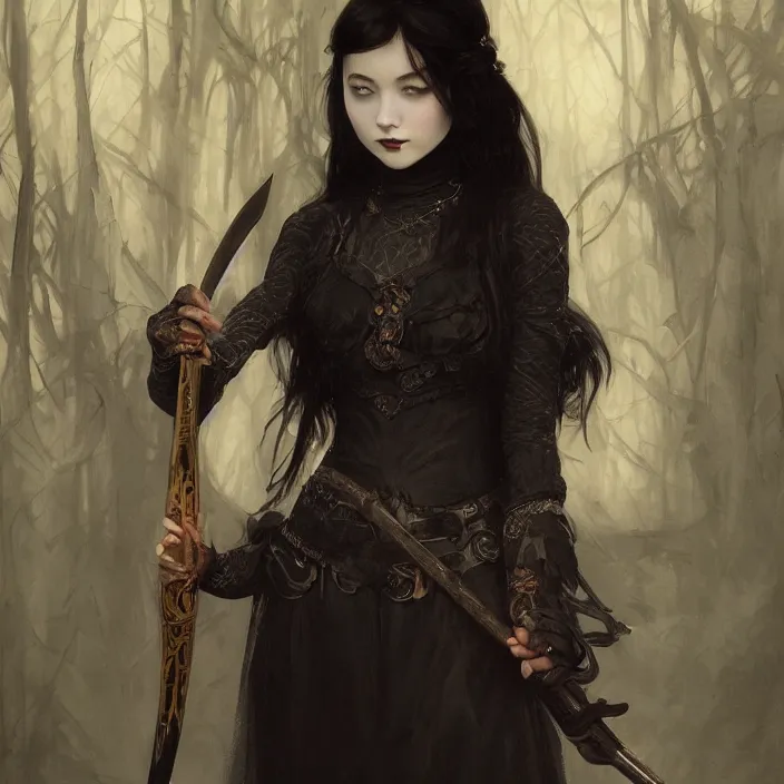 Image similar to young girl holding quiver, full body, victorian goth, white powder makeup, dark lipstick, asian black hair, d & d, fantasy, intricate, elegant, highly detailed, digital painting, artstation, concept art, matte, sharp focus, illustration, art by artgerm and greg rutkowski and alphonse mucha