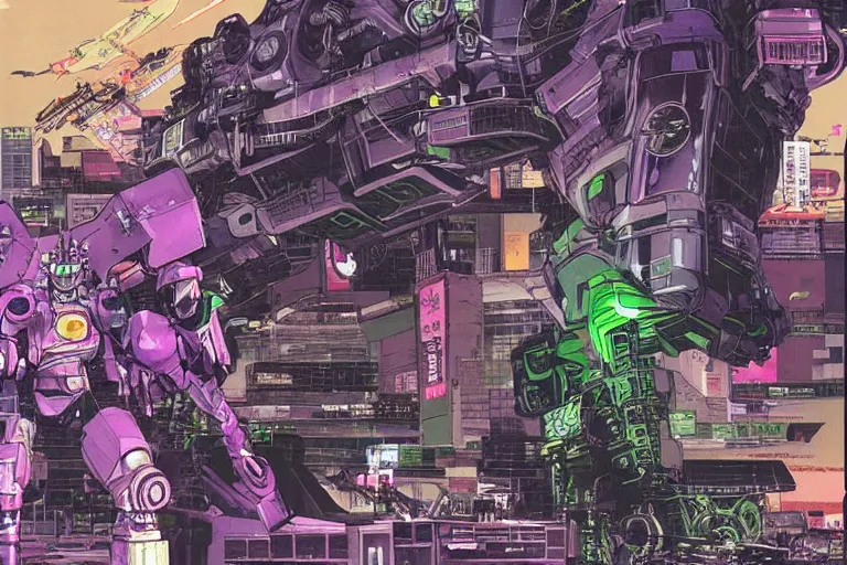 Image similar to mecha fighting against young biker in neo tokyo, very detailed, cyberpunk, akira anime, artwork, violet green magenta details, art by katsuhiro otomo