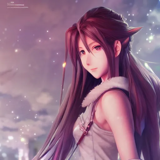 Image similar to beautiful anime art of aerith ff7 by wlop, rossdraws, mingchen shen, bangkuart, sakimichan, yan gisuka, jeongseok lee, artstation, 4k