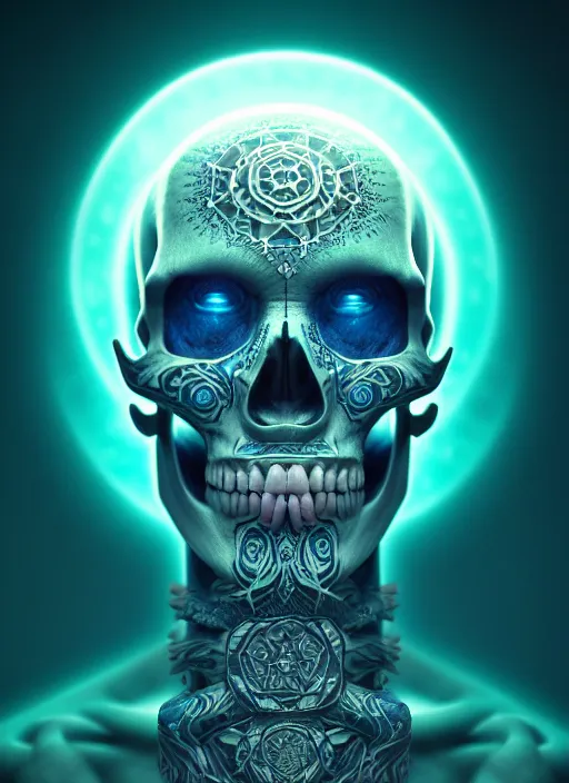 Image similar to 3 d shaman with tattoos profile portrait, sigma 5 0 0 mm f / 5. beautiful intricate highly detailed skull. bioluminescent, plasma, frost, water, wind, creature, gradient background, thunderstorm! artwork by tooth wu and wlop and beeple and greg rutkowski, 8 k trending on artstation,