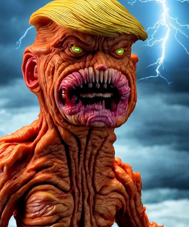 Image similar to hyperrealistic rendering, epic boss battle, cronenberg flesh monster donald trump, by art of skinner and richard corben, product photography, collectible action figure, sofubi, hottoys, storm clouds, outside, lightning