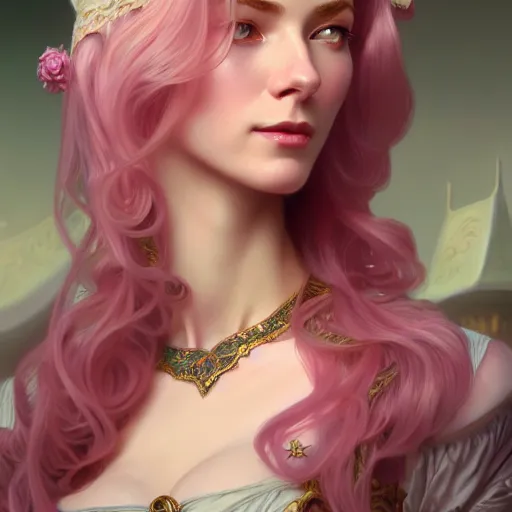 Prompt: aristocrat, subtle smile, female, d & d, fantasy, intricate, elegant, highly detailed, long pink hair, digital painting, artstation, octane render, concept art, matte, sharp focus, illustration, hearthstone, art by artgerm, alphonse mucha johannes voss