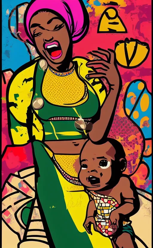 Image similar to mama africa laugh at her child!!! pop art, pixel, bioshock, gta chinatown, artgerm, richard hamilton, mimmo rottela, julian opie, aya takano, avoid object duplicate!!!