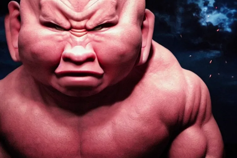 Image similar to “Andy Serkis as Majin Buu from Dragonball Z. Film Adaptation. Photorealistic. Dramatic lighting.”