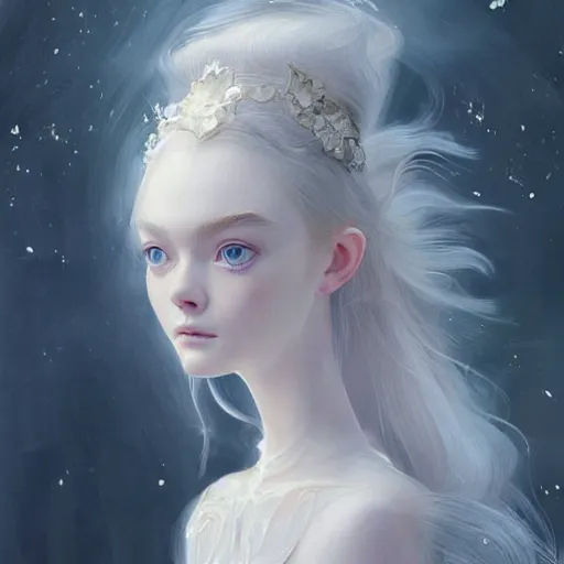 Image similar to a professional painting of Elle Fanning, clothed in ethereal armor, porcelain white skin, long blonde hair, beautiful bone structure, symmetrical facial features, intricate, elegant, digital painting, concept art, smooth, sharp focus, illustration, from Valerian and the City of a Thousand Planets, by Ruan Jia and Mandy Jurgens and Artgerm and William-Adolphe Bouguerea