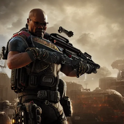 Image similar to Portrait of Samuel L Jackson in Gears of War, splash art, movie still, cinematic lighting, dramatic, octane render, long lens, shallow depth of field, bokeh, anamorphic lens flare, 8k, hyper detailed, 35mm film grain