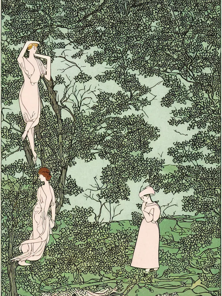 Prompt: an illustration of a woman near a tree on the bank of a river by george barbier,