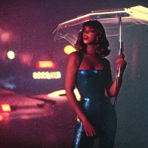 Image similar to 1 9 8 2 film stills of blade runner, with rachel with beyonce, and doja cat, having a night on the town. rainy and smoky with futuristic vehicles overhead and people carrying neon umbrellas.