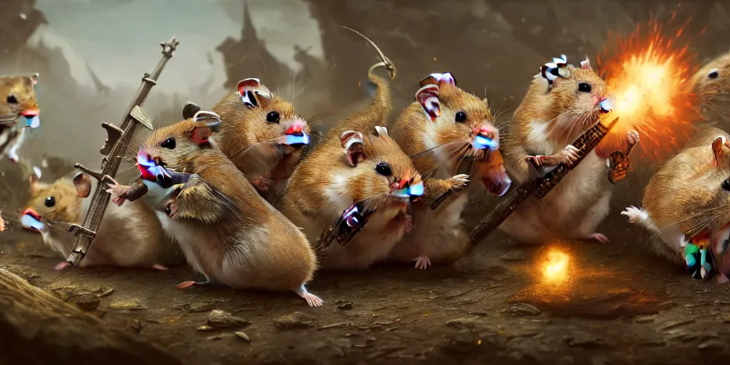 Image similar to highly detailed image of hamsters in a battle, hamsters, hamsters holding rifles, stephen bliss, unreal engine, fantasy art by greg rutkowski, global illumination, radiant light, detailed and intricate environment