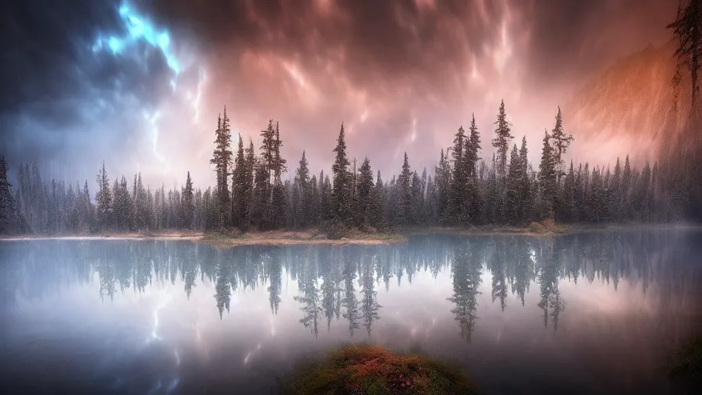 Image similar to amazing landscape photo of a dark forest of despair and misery with lake by marc adamus, beautiful dramatic lighting