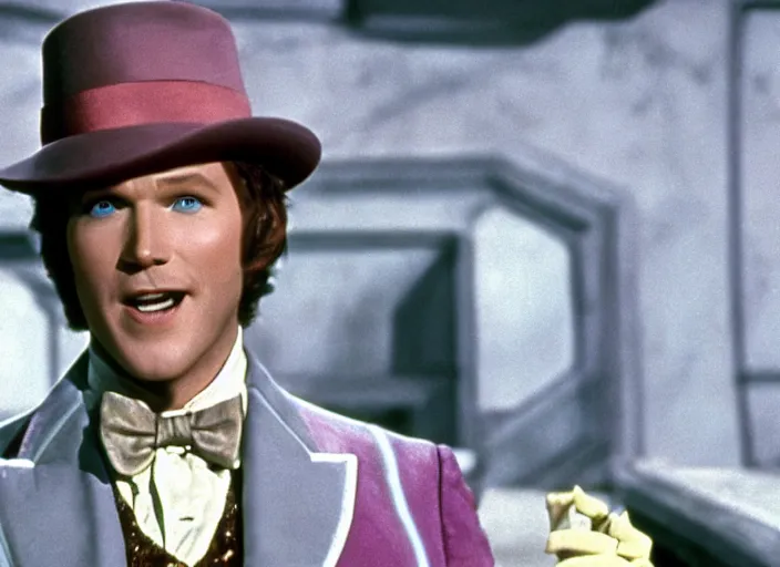 Image similar to film still of Chris Pratt as Willy Wonka in Willy Wonka and the Chocolate Factory 1971