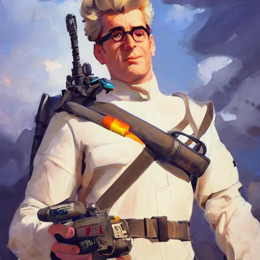 Image similar to greg manchess portrait painting of armored ghostbuster egon spengler as overwatch character, medium shot, asymmetrical, profile picture, organic painting, sunny day, matte painting, bold shapes, hard edges, street art, trending on artstation, by huang guangjian and gil elvgren and sachin teng