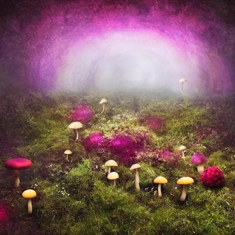 Image similar to a planet of various fungus, mushrooms, flowers and plants, inside the picture is infinity, Atmospheric, artistic photography, conceptual, long exposure outside the city, volumetric light