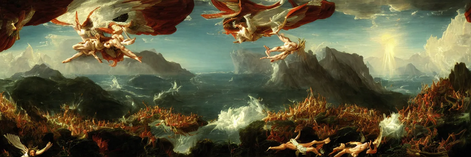 Image similar to an epic thomas cole naturalist style painting of icarus crashing and burning his chariot